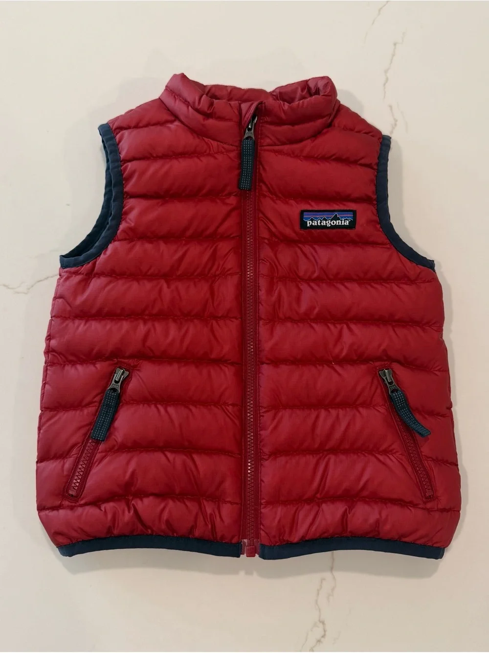 Patagonia Kids Red Quilted Puffer Vest with Navy Trim